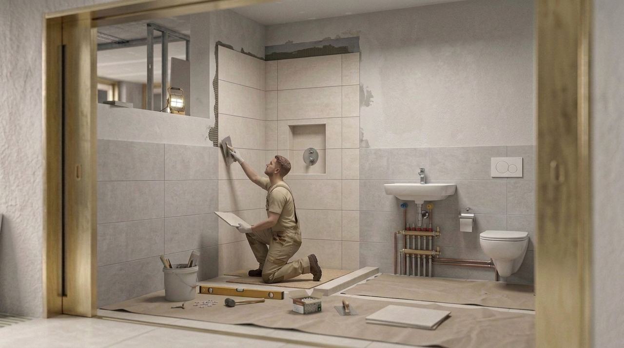 Operaio che stende la colla sulla parete di un bagno, con piastrelle già allineate e una nicchia squadrata nella doccia.