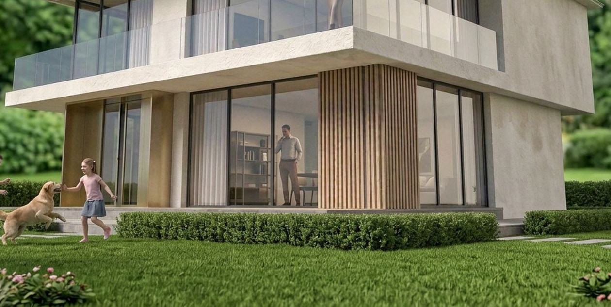 La stessa villa finita, con il giardino curato e una famiglia che gioca sul prato.