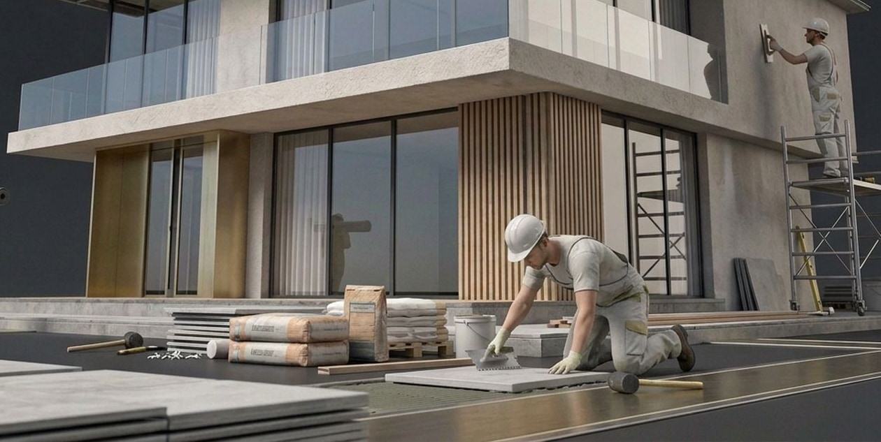Villa moderna in cantiere con operai al lavoro sul piazzale e sulla facciata.