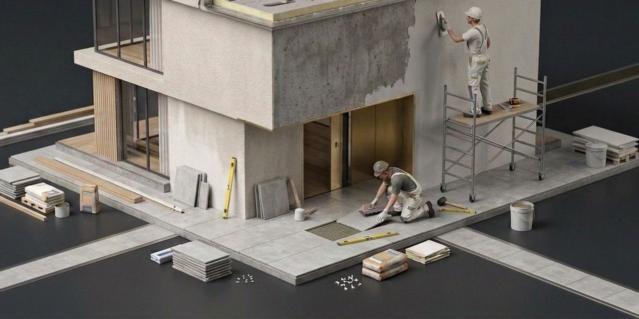 Villa in miniatura in cantiere: un operaio intonaca la facciata dal ponteggio, un altro posa le lastre del marciapiede esterno.