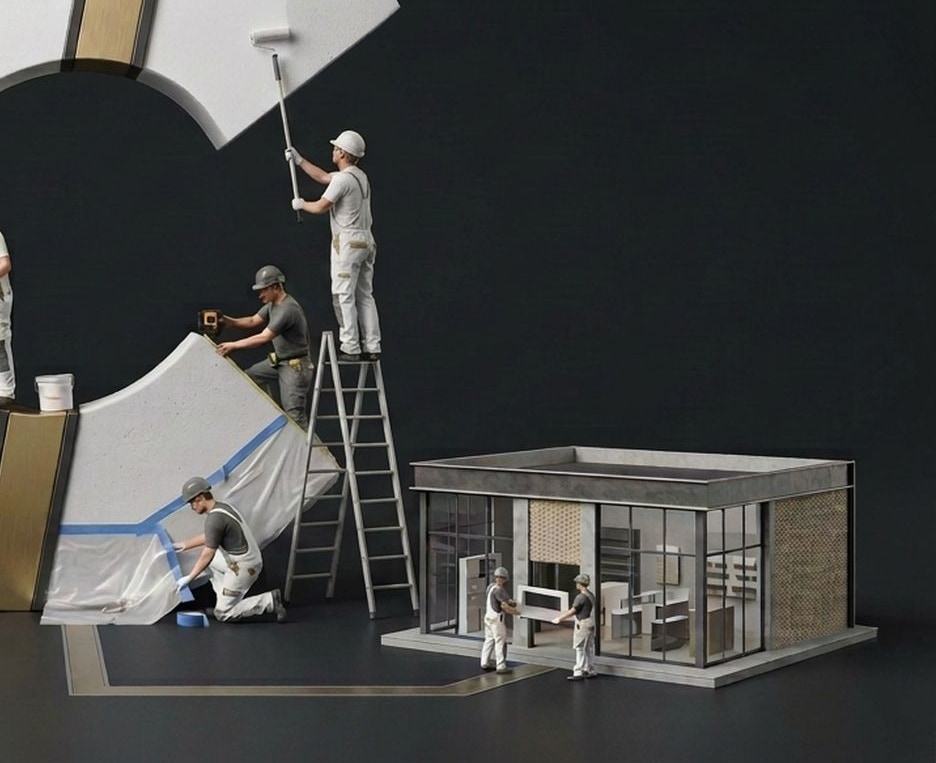 Negozio in miniatura con due operai che trasportano un elemento d'arredo, accanto alla grande C del cantiere.