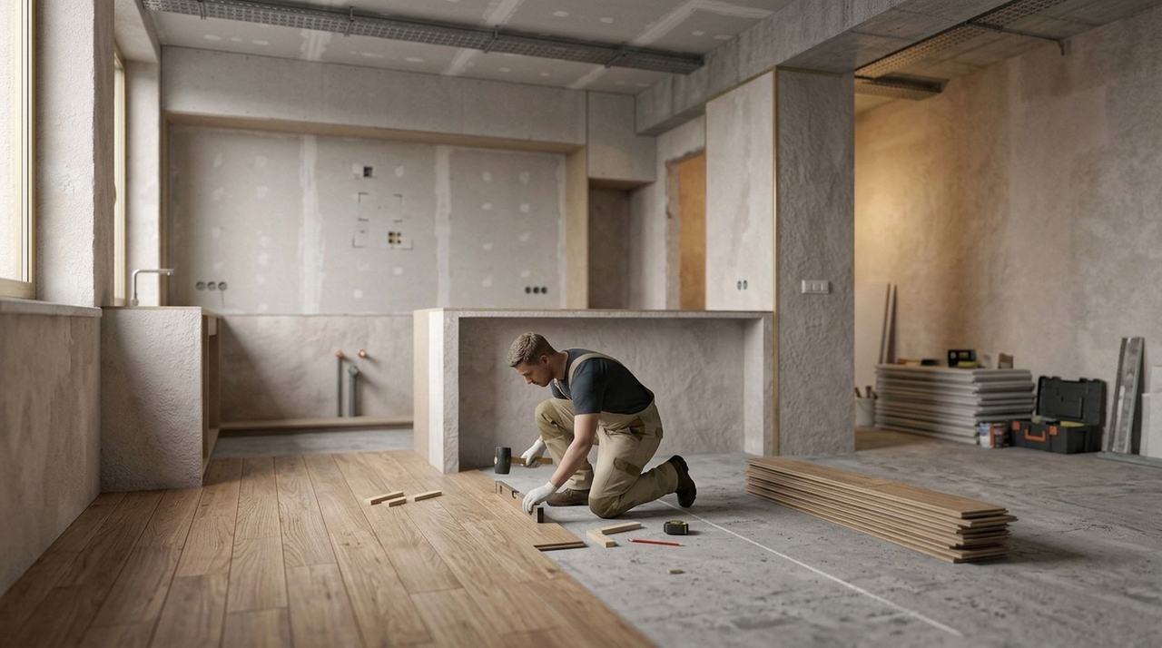Operaio inginocchiato che posa listoni di parquet in un open space in ristrutturazione.