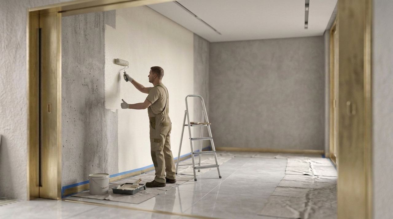 Imbianchino che stende la pittura con il rullo su una parete, con nastro di carta sul battiscopa e pavimento coperto dai teli.